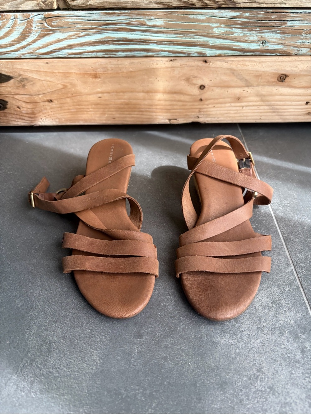 Tommy Hilfiger Brown Leather Strappy Espadrille Wedge Sandals Size 36